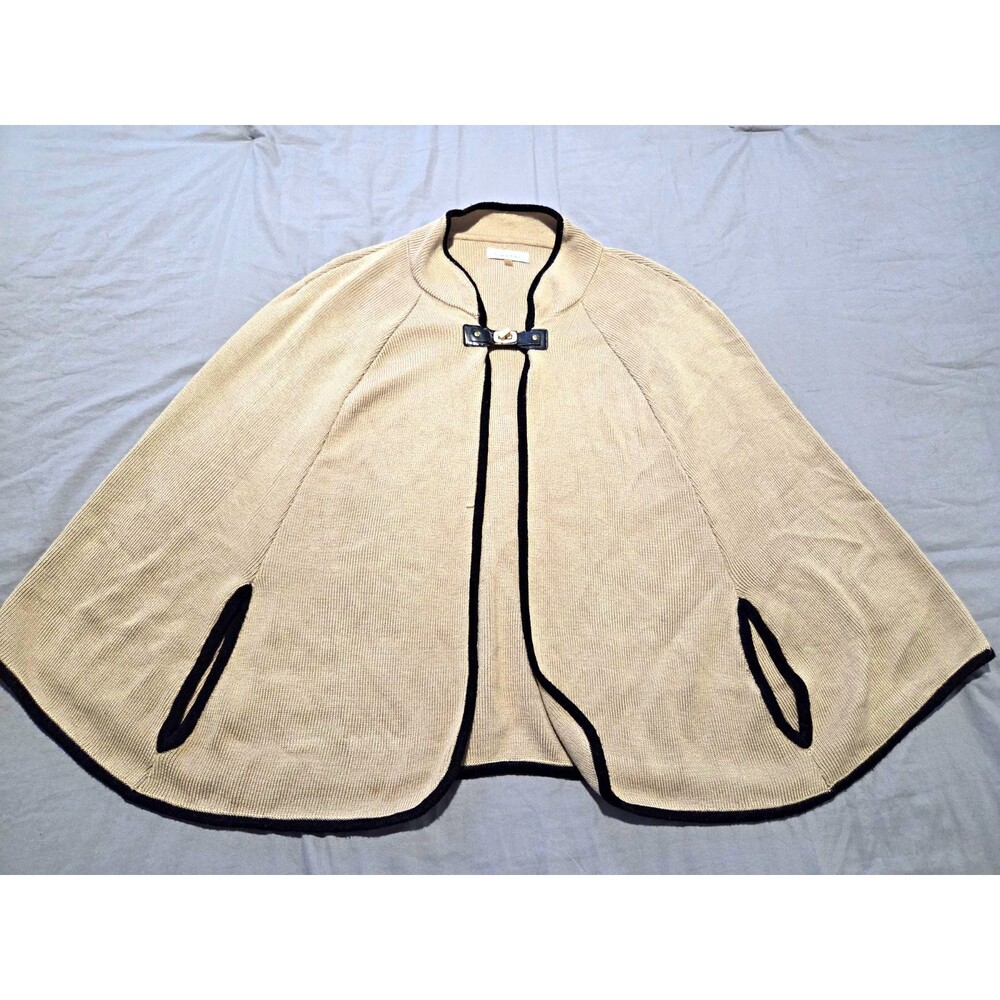 Calvin Klein Knit Cape Poncho Womens One Size Beige Black Trim Toggle Wrap Ruana
